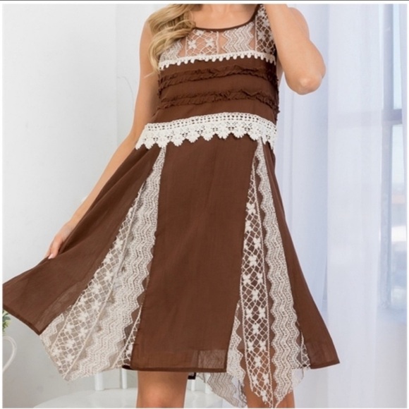 New Large  A’reve Dress in Brown w/ Cream Crochet & Lace - Picture 3 of 13